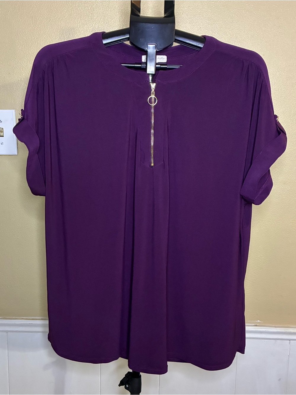 Women's Deep Purple Zip-Front Roll-Sleeve Blouse